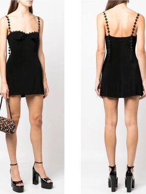 MIRROR PALAIS Daisy Trim Floral Lace Applique Black Mini Dress Size Large